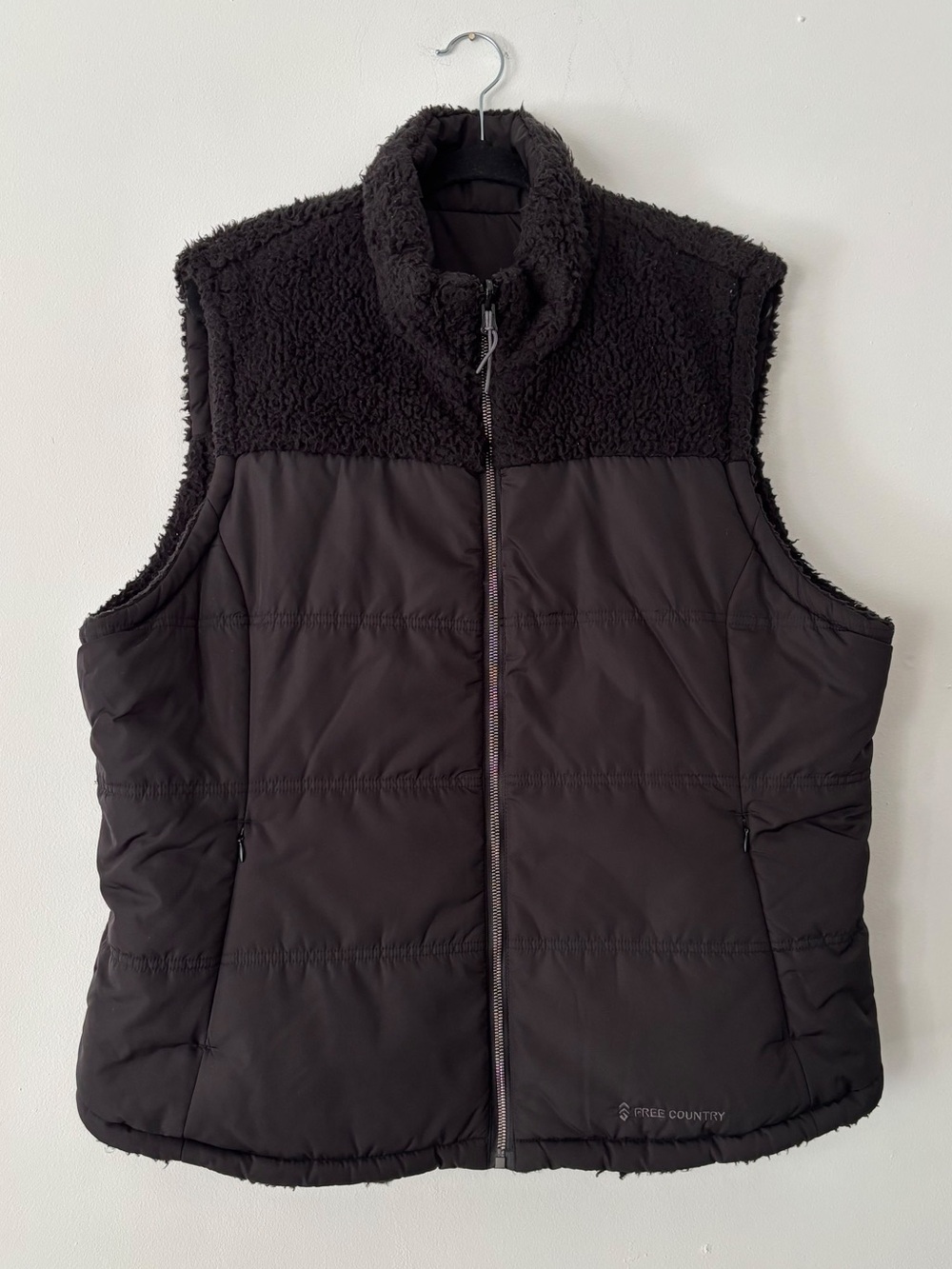 Free Country Womens XL Black Reversible Sherpa Puffer Vest Full Zip Mock Neck